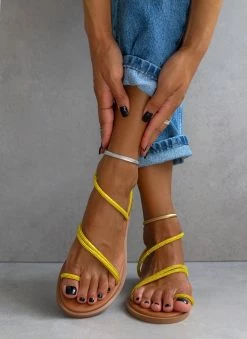 Σανδάλια δερμάτινα με Strass λουράκια Estil - Κίτρινο