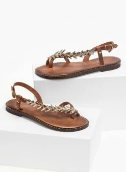 Σανδάλια δερμάτινα με διακσμητικό Iris - Καφέ -The Fashion Project Κατάστημα dermatina isia pedila me sxedio fulla elias 90622 3rir