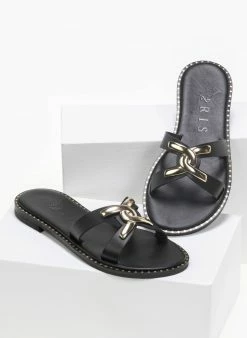 Σανδάλια δερμάτινα με αγκράφα Iris - Μαύρο -The Fashion Project Κατάστημα dermatina sandalia me leptomereia sti sola 90680 dkgn