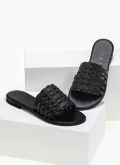 Σανδάλια δερμάτινα με πλεκτή φάσα Iris - Μαύρο