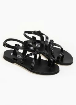 Πέδιλα δερμάτινα φλατ με λεπτά λουράκια Estil - Μαύρο