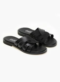 Σανδάλια δερμάτινα με περαστές φάσες Estil - Μαύρο