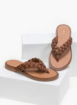 Estil Σανδάλια δερμάτινα με κοτσίδες - Ταμπά -The Fashion Project Κατάστημα estil flat sandalia me kotsides 89916 k6xk