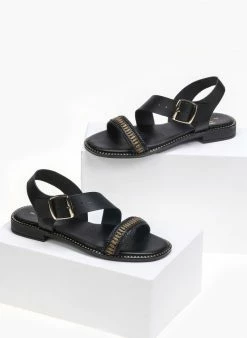 Σανδάλια δερμάτινα με λοξή φάσα Estil - Μαύρο