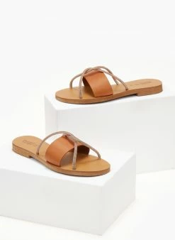 Σανδάλια δερμάτινα με χιαστί Strass λουράκια Estil - Ταμπά -The Fashion Project Κατάστημα sandalia dermatina estil me xiasti strass lourakia 106042 s5mm