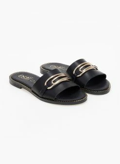 Σανδάλια δερμάτινα Estil με χρυσή αγκράφα - Μαύρο -The Fashion Project Κατάστημα sandalia dermatina estil me xrusi agkrafa 101239 tkrj