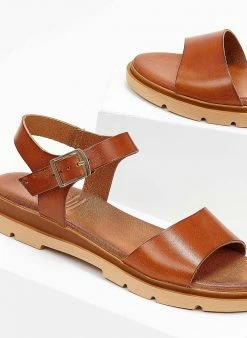 Σανδάλια δερμάτινα με μία φάσα Tfp - Tαμπά -The Fashion Project Κατάστημα sandalia dermatina tfp me anatomiki sola 103722 l90i