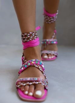 The Fashion Project Σανδάλια με τρουκς και κορδόνια - Φούξια -The Fashion Project Κατάστημα sandalia lace up me xrwmatista trouks 104650 r3mf