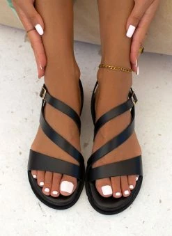 Σανδάλια TFP ανατομικά δερμάτινα με λοξό λουράκι - Μαύρο